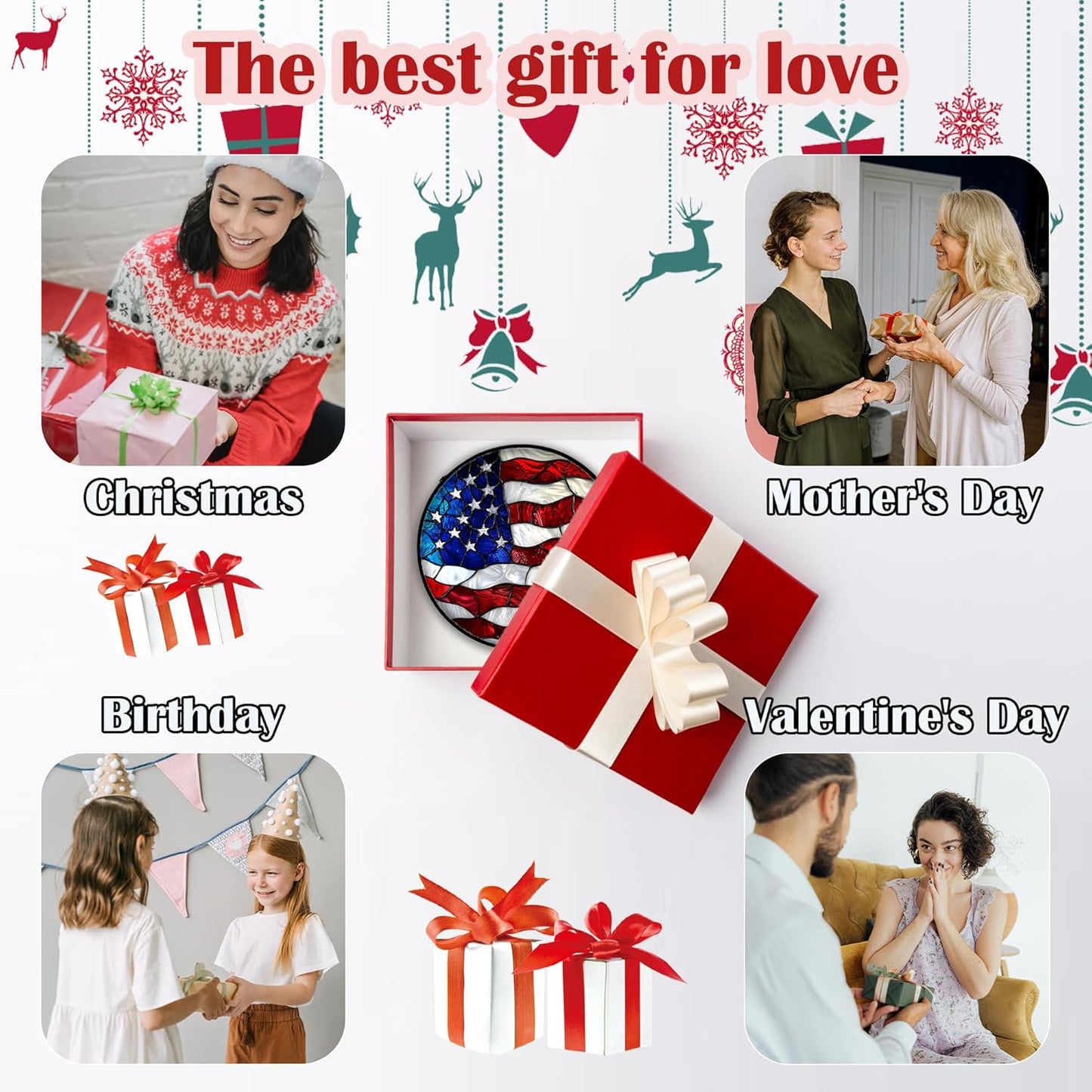 Stained Glass Window Hanging, Blue, White Red National Flag Pattern Sun Catchers Diamond Glass Panel Window Hangings Decor for Birthday Gifts for Women, Men, and Mom 7.8x7.8 in