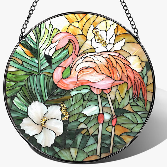8″ Stained Glass Window Hanging Ornament, Flamingo Stained Glass Suncatcher Ornament, Sun-Catcher Window Decor | Housewarming & Birthday Gifts, Festival Gift | Gifts for Flamingo Lovers