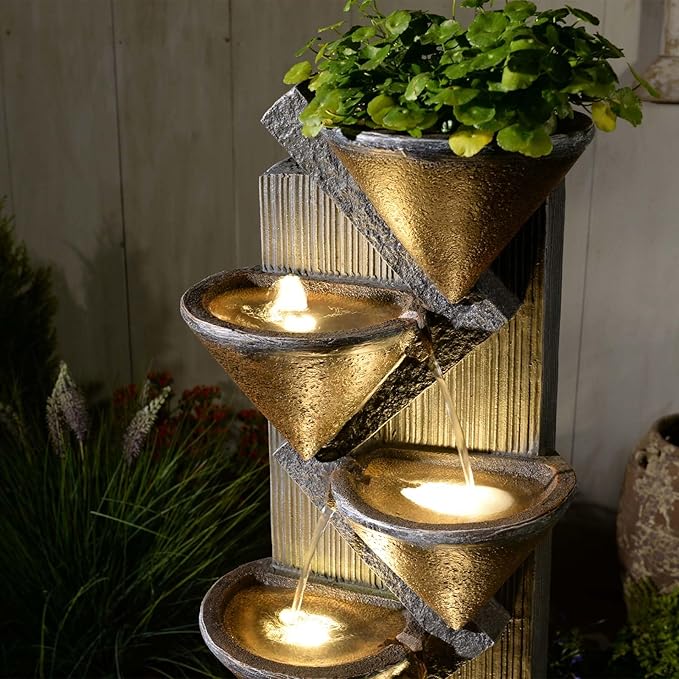 49.6" H Water Fountain Outdoor with LED Lights & Pump, 5-Tier Cascading Outdoor Fountain for Garden,Patio,Porch,Backyard,Home Art Decor (Brown)