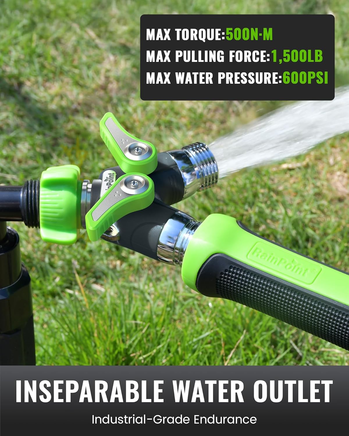 RAINPOINT Garden Hose Splitter, 2 Way Heavy Duty Water Hose Y Spigot Splitter with Shutoff Valves, 100% Metal Body Outdoor Faucet Splitter, 1.9" Extra Long Metal Handle, 3/4" GHT Thread (2, Green)