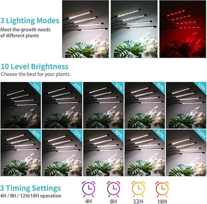 Black Clip Grow Lights for Indoor Plants, 168 Full Spectrum LEDs Clip Plant Growing Lamps with Flexible Gooseneck and 4/8/12/18H Timer, 3 Spectral Modes, 10 Dimmable Levels (4 Head 1 Pack)
