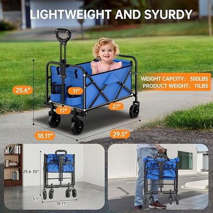 Collapsible Wagon Cart Foldable Beach Wagon with All-Terrain Wheels - 380 LBS Heavy Duty Grocery Cart for Shopping, Beach, Camping, Sports, Garden (Blue)
