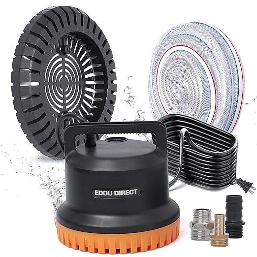 EDOU Pool Pump - Dual Usage Submersible & Pool Cover Pump - 850 GPH Flow Rate - Ideal for Water Draining - Ultra Quiet Pump - Includes 3 Adapters 1/4" 1/2" & 3/4", 25ft Power Cord & 16ft Drainage Hose