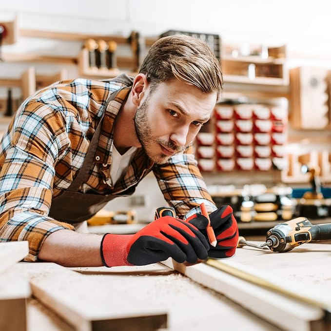 COOLJOB Gardening Gloves for Men, 2 Pairs Breathable Rubber Coated for Garden Weeding Landscaping, Outside Work for Lawn Yard, Men's Large Size, Black & Red