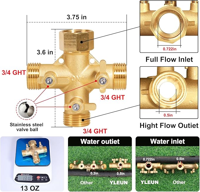 Garden Hose Splitter High Flow Splitter No Restricted-Flow Connector Heavy Duty Brass Hose Splitter with Shut Off Valves 3 way Hose Bib Adapter (Cross 3 way)