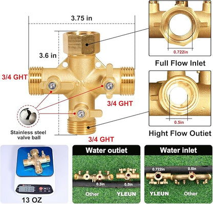 Garden Hose Splitter High Flow Splitter No Restricted-Flow Connector Heavy Duty Brass Hose Splitter with Shut Off Valves 3 way Hose Bib Adapter (Cross 3 way)