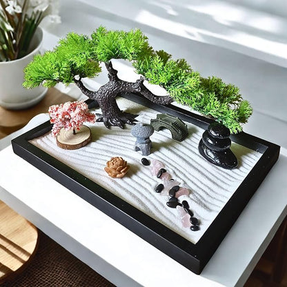 Zen Garden for Desk – Mini Japanese Rock Garden with Crystals, Bonsai Tree & Sand Tools, 11x7.5in Stress Relief Desk Decor, Meditation & Relaxation Gift Set (Black)