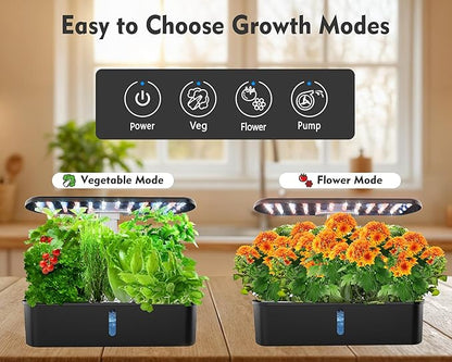 Hydroponics Growing System Kit 12 Pods Indoor Garden, Hydroponic Indoor Herb Garden Kit with Grow Light, Smart in Door Gardening, Adjustable Height, Auto Timer, Quiet Pump, Gift for Mom Women, Black