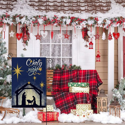 Christmas Oh Holy Night Garden Flag 12x18 Double Sided,Nativity with Star of Bethlehem Small Yard Flag,Seasonal Christ Winter Decors for Xmas Farmhouse Outside Outdoor