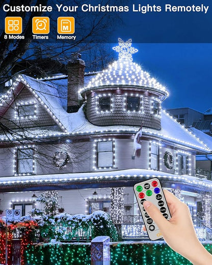 Ollny Christmas Lights Cool White, 600LED 197FT Christmas Tree Lights IP67 Waterproof, Plug in Fairy Lights with Remote 8 Modes Timer, Xmas Light for Outdoor Indoor House Holiday Decor