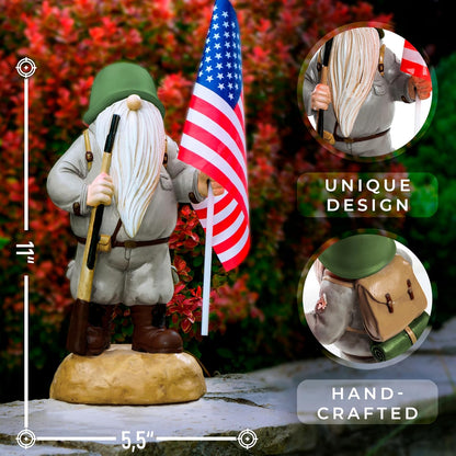 Patriotic Solar Garden Gnome with American Flag, 11" Resin Armed Garden Gnomes Outdoor Statue, Military Yard Gnome Decor, Gift for 4th of July, Memorial Day, Veterans Day