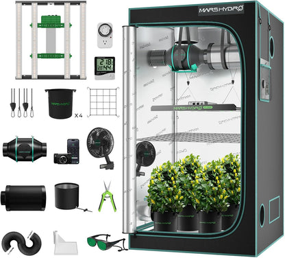 Mars Hydro 3x3 Smart Grow Tent Kit Complete System,FC-E3000 APP Control Dimmable 1184Pcs LED Grow Light,1680D High Reflective Mylar,with Smart WiFi Control Ventilation System,10 Speed Clip Fan
