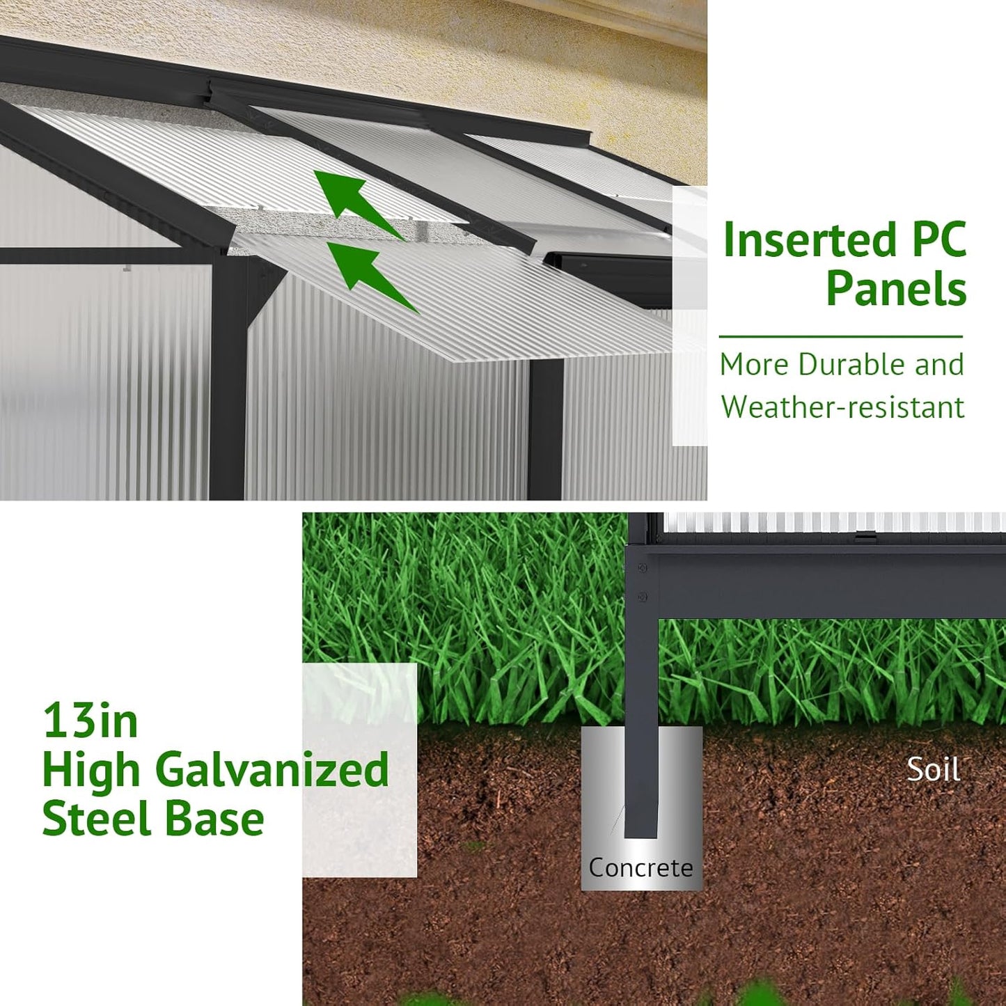 6x2ft Lean-to Polycarbonate Greenhouse, Small Walk-in Green House, with Adjustable Roof Vent, Rain Gutter and Sliding Door, Outdoor Greenhouse for Terrace, Backyard Black