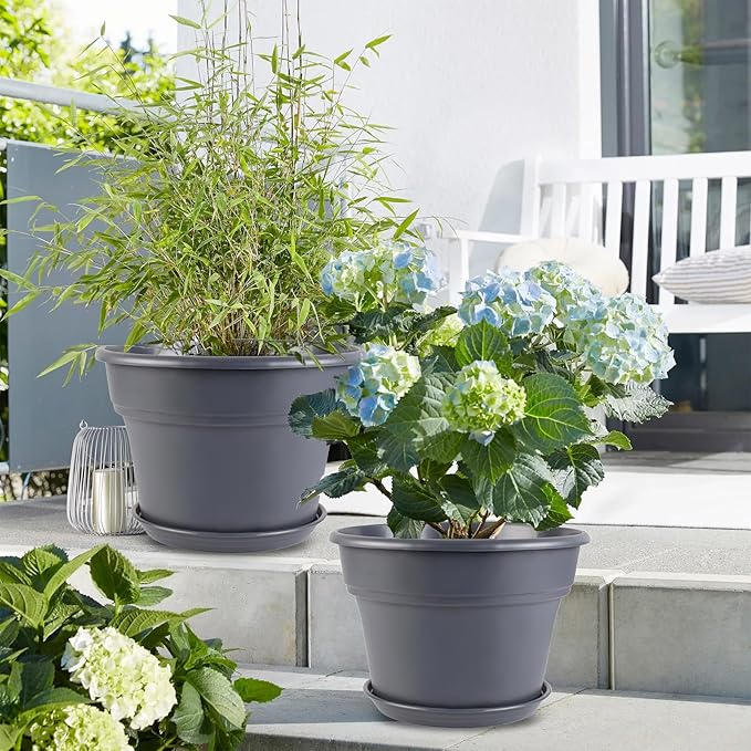 10-inch-Plant-Pots-Indoor-Outdoor, 4 Pack Plastic Planters with Drainage Holes & Saucers, Resin Flower Pots with Trays, Classic Garden Pot Container for House