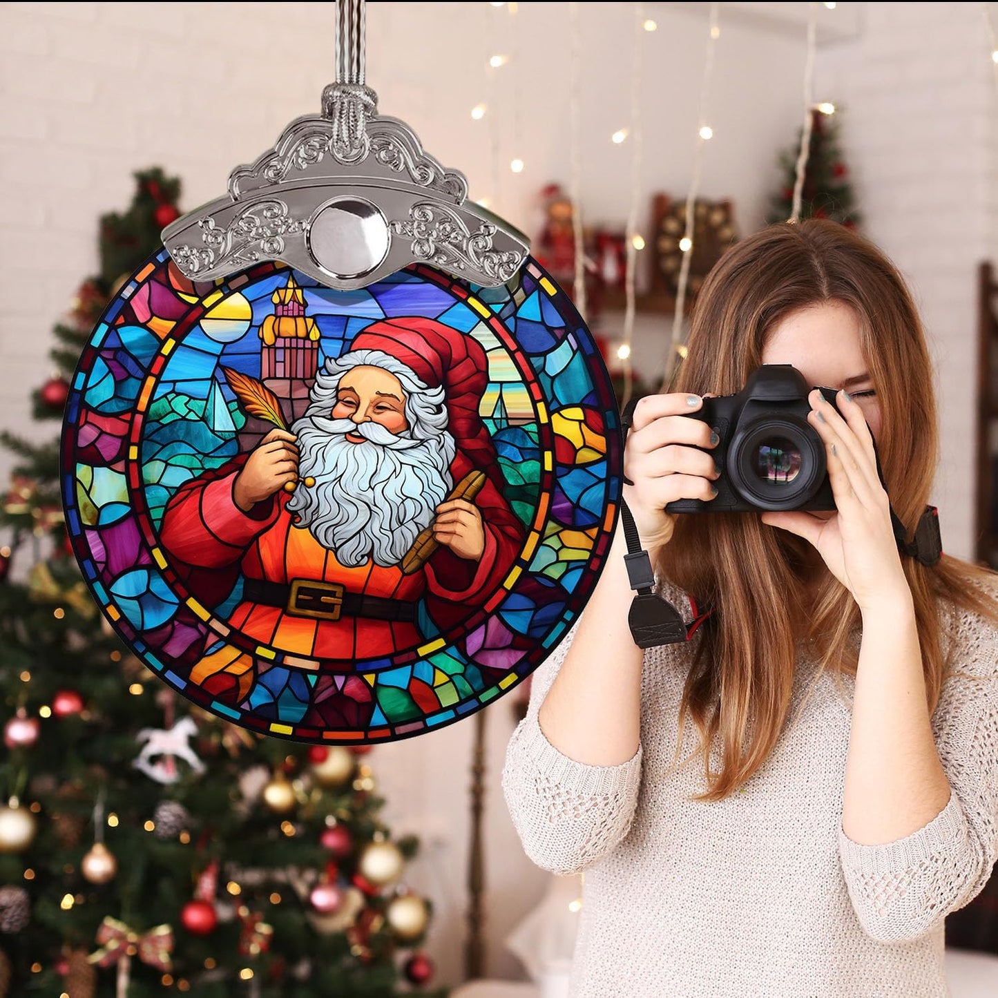 Retro Style Funny Santa Claus Hanging Decors, Santa Claus Colorful Christmas Ornament, Santa Stained Glass Ornament for Xmas, Santa Claus Ornament for Xmas, Santa Ornaments Gift Xmas