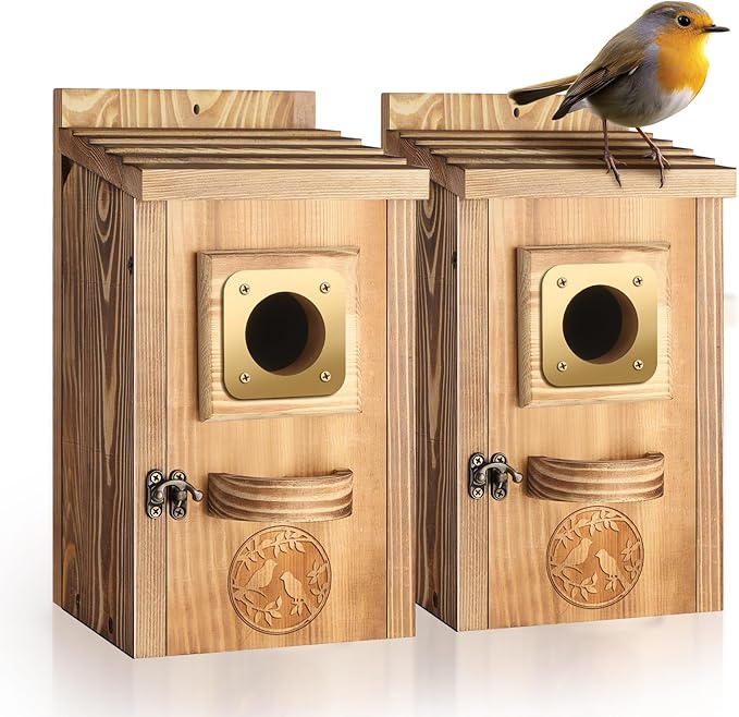 2 Pack Bird Houses for Outside Clearance, Pine Wood Birdhouses for Outdoors with Copper Guard, Farmhouse Bluebird Finch Swallow Wren Hummingbird House