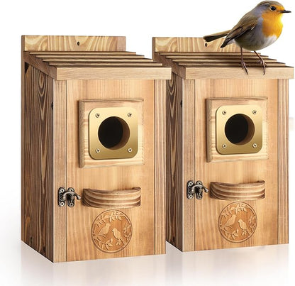 2 Pack Bird Houses for Outside Clearance, Pine Wood Birdhouses for Outdoors with Copper Guard, Farmhouse Bluebird Finch Swallow Wren Hummingbird House