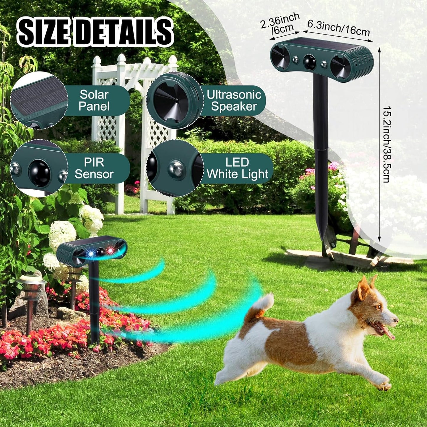 Qualirey 2 Pack Solar Ultrasonic Animal Repellent Outdoor Waterproof Nocturnal Animal Deterrent with Adjustable Motion Sensor Alarm Flashing Light Repel Raccoon Cat Dog Fox Deer for Yard Garden Lawn