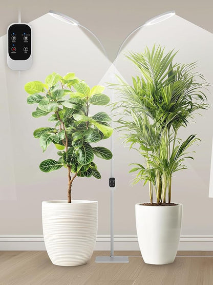 GLOWRIUM Grow Lights for Indoor Plants,Plant Light with 3/9/12/16H Grow Light Timer,2-Head 48W Full Spectrum LED Grow Light, 3 Lighting Mode and Stepless Dimming (White, 48W)