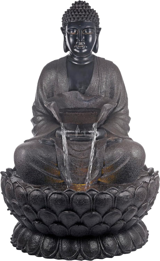 Alpine Corporation WIN1170 53" Outdoor Floor Calming Buddha Statue Waterfall Fountain – Realistic Stone Look, Water Feature for Garden, Patio, Yard, and Outdoor Spaces, Gray