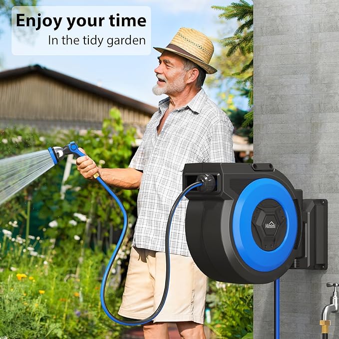 Retractable Garden Hose Reel, 5/8" x 90FT Automatic Retractable Water Hose Reel Wall Mount, with 10- Function Sprayer Nozzle, Any Length Lock/Auto Rewind/180°Swivel