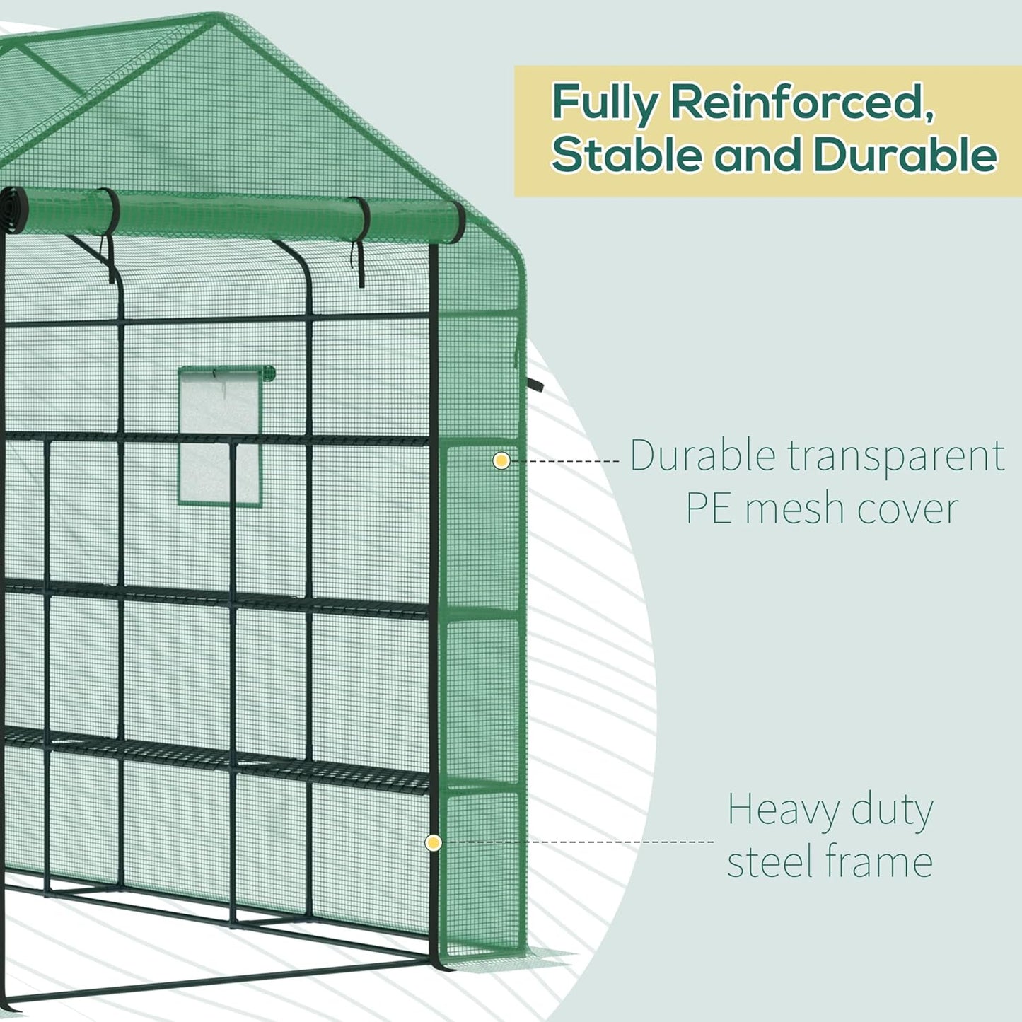 Outsunny 8' x 6' x 7' Walk-in Greenhouse with Mesh Door and Windows, 18 Shelf Green House with Trellis, Plant Labels, UV Protective for Growing Flowers, Herbs, Vegetables, Saplings, Green