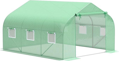 Outsunny 12' x 10' x 7' Outdoor Walk-in Greenhouse, Tunnel Green House with Roll-up Windows, Zippered Door, PE Cover, Heavy Duty Steel Frame, Green