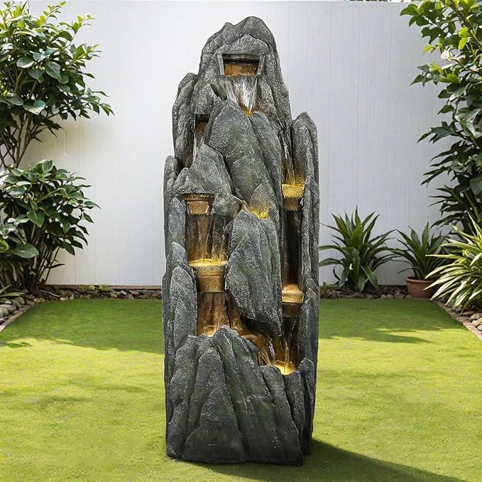 SunJet Outdoor Rockery Water Fountain with LED Lights - 51" Tall Resin Cascading Fountains and Waterfalls Feature for Patio, Yard, Garden Decor, Featuring Realistic Natural Stone Look