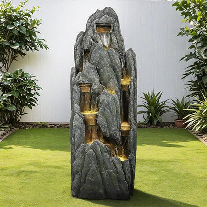 SunJet Outdoor Rockery Water Fountain with LED Lights - 51" Tall Resin Cascading Fountains and Waterfalls Feature for Patio, Yard, Garden Decor, Featuring Realistic Natural Stone Look