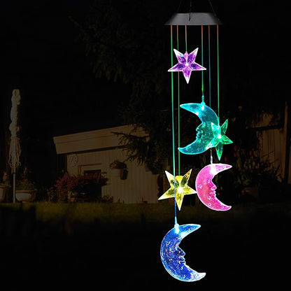 Solar Power Stars and Moon LED Wind Chimes Outdoor Decor, Waterproof Mobile Color Changing Wind Chimes, Star Moon Solar Light Xmas, Gifts for Mom, Home, Patio, Yard, Party, Festival, Garden Decoration
