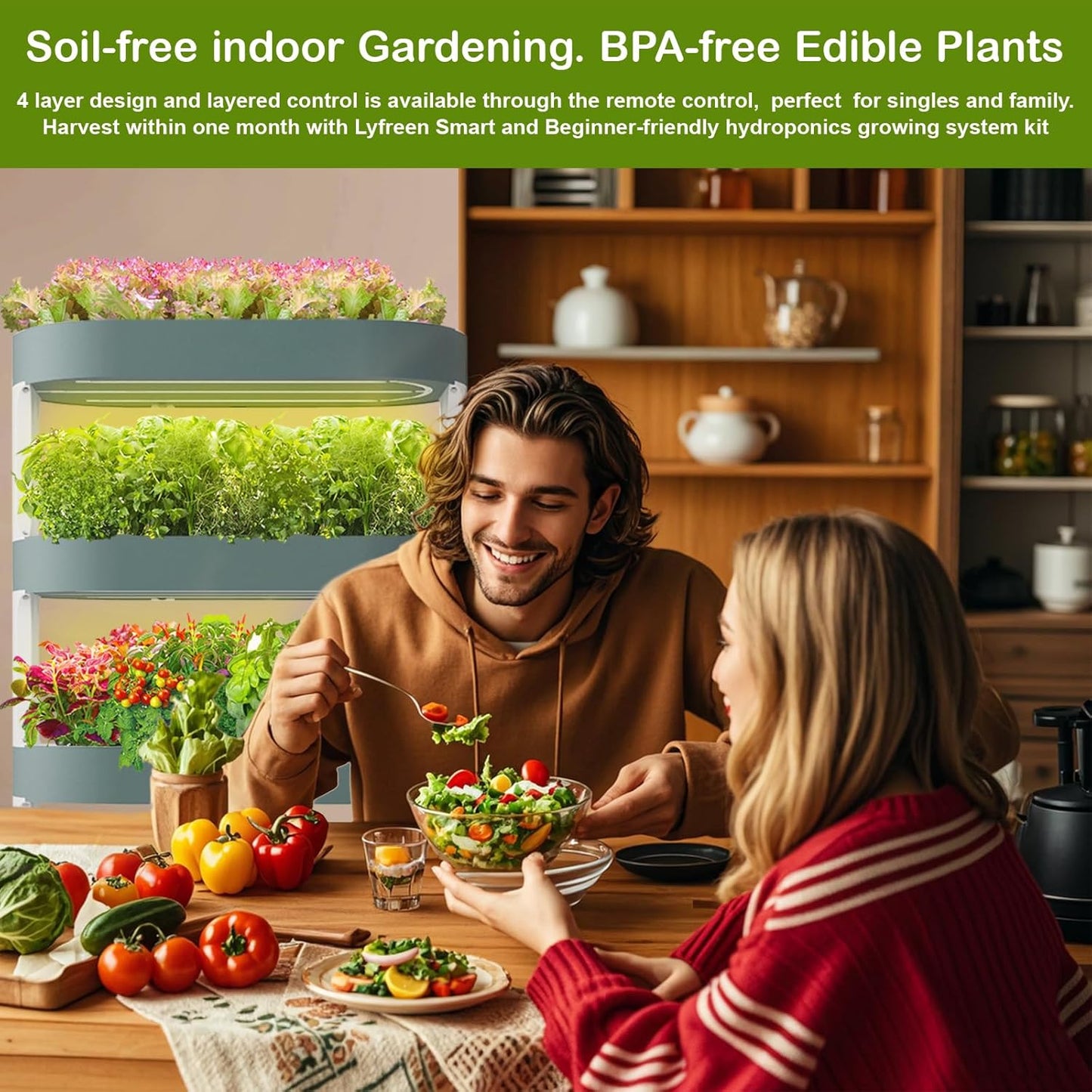 Lyfreen Smart Hydroponics Growing System Kit, 4-Tier Indoor Herb Garden with LED Grow Light & Timer, Vertical Hydroponic Tower for 64 Plants, 36L Self-Watering System for Herbs & Vegetable