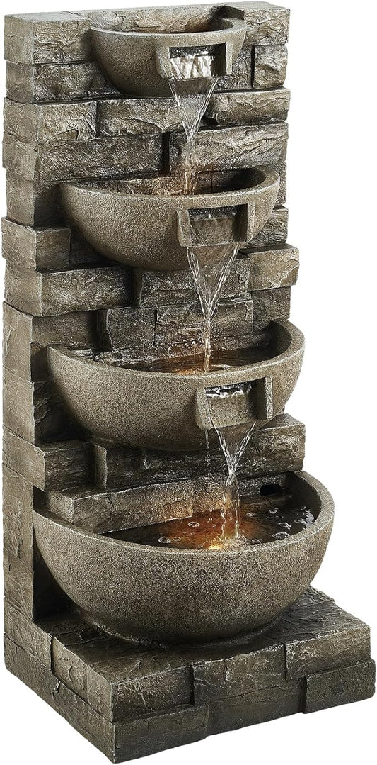 VEVOR Outdoor Water Fountain, 35.63 in Height Fountain and Waterfall, 4-Tier Floor Standing Cascading Fountains with LED Light and Pump, Block Stack Style, for Outdoor Indoor Garden, Patio & Backyard