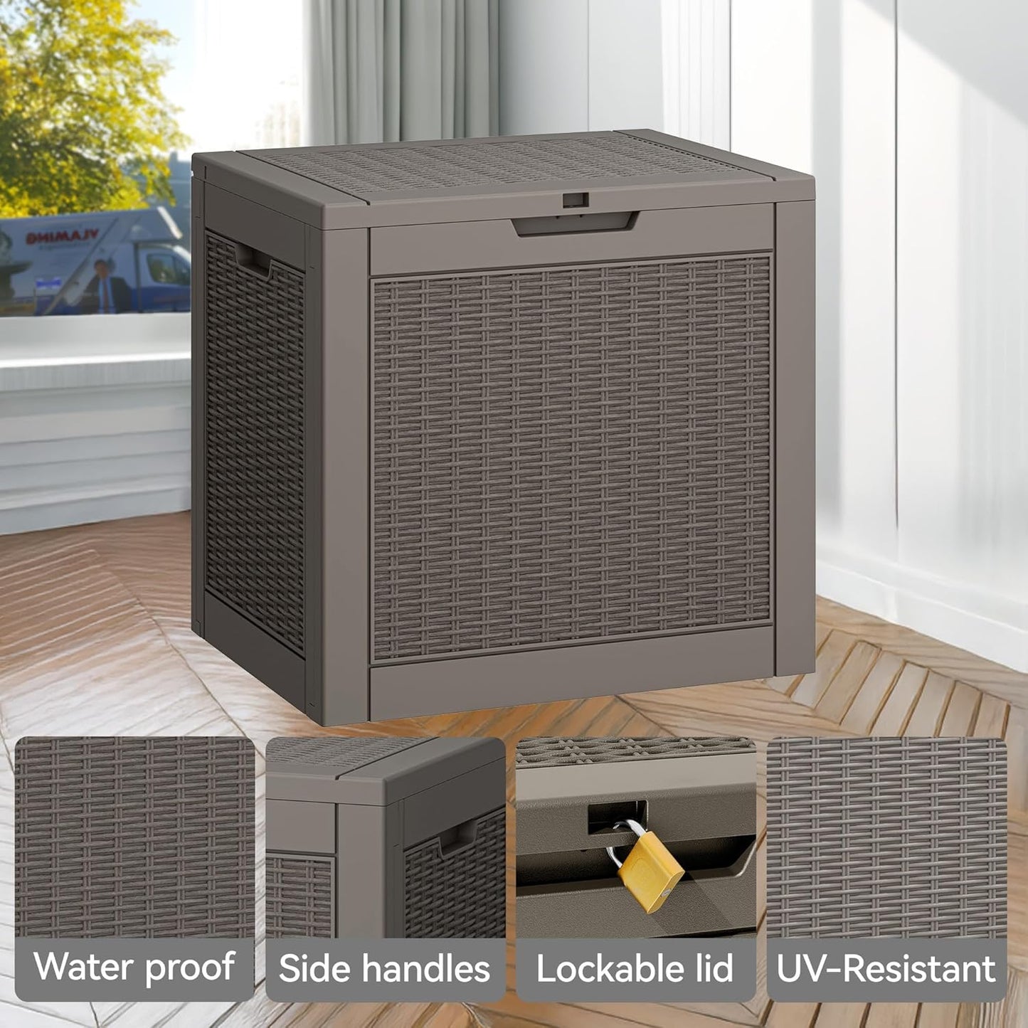 Outdoor Storage Box, Resin Deck Boxes Indoor and outdoor, Waterproof Storage Box Lockable Lid (Grey, 35 Gallon)
