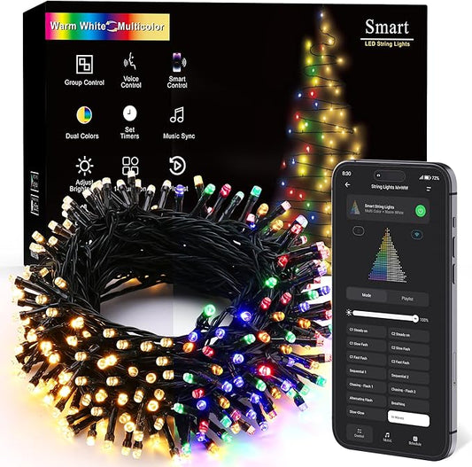 Brizled Smart Christmas String Lights, 66FT 200 LED Color Changing Christmas Lights App & Voice Control, Dimmable Warm White & Multicolor Xmas Tree Light Music Sync for Indoor Outdoor Wedding Party