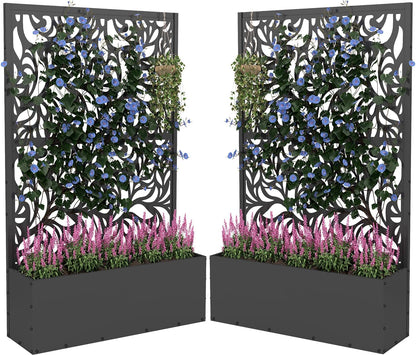 2PCS Metal Planter Box with Trellis,70.9"x47.2"x15.7" Raised Garden Bed with Drainage Holes, Privacy Planters for Outdoor Garden Bed for Climbing Plants,Vegetables,and Vines, Black-Flower