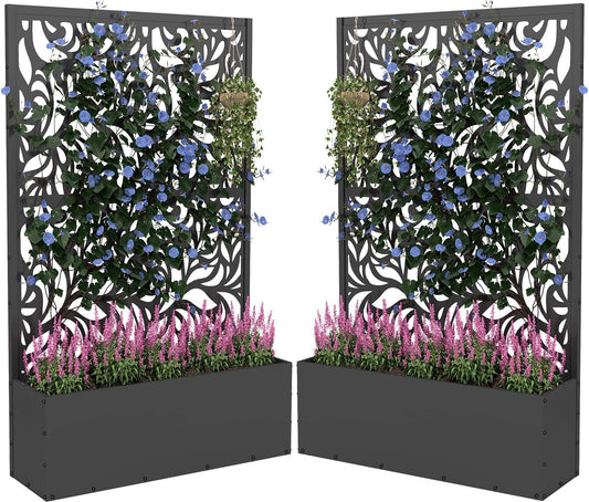 2PCS Metal Planter Box with Trellis,70.9"x47.2"x15.7" Raised Garden Bed with Drainage Holes, Privacy Planters for Outdoor Garden Bed for Climbing Plants,Vegetables,and Vines, Black-Flower