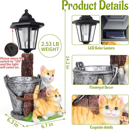 Solar Cat Outdoor Statues, Garden Sculptures with Flowerpot Decor & Solar Lantern for Yard Art Lawn Ornaments Porch Patio Balcony - Idea Gifts for Women Mom Grandma