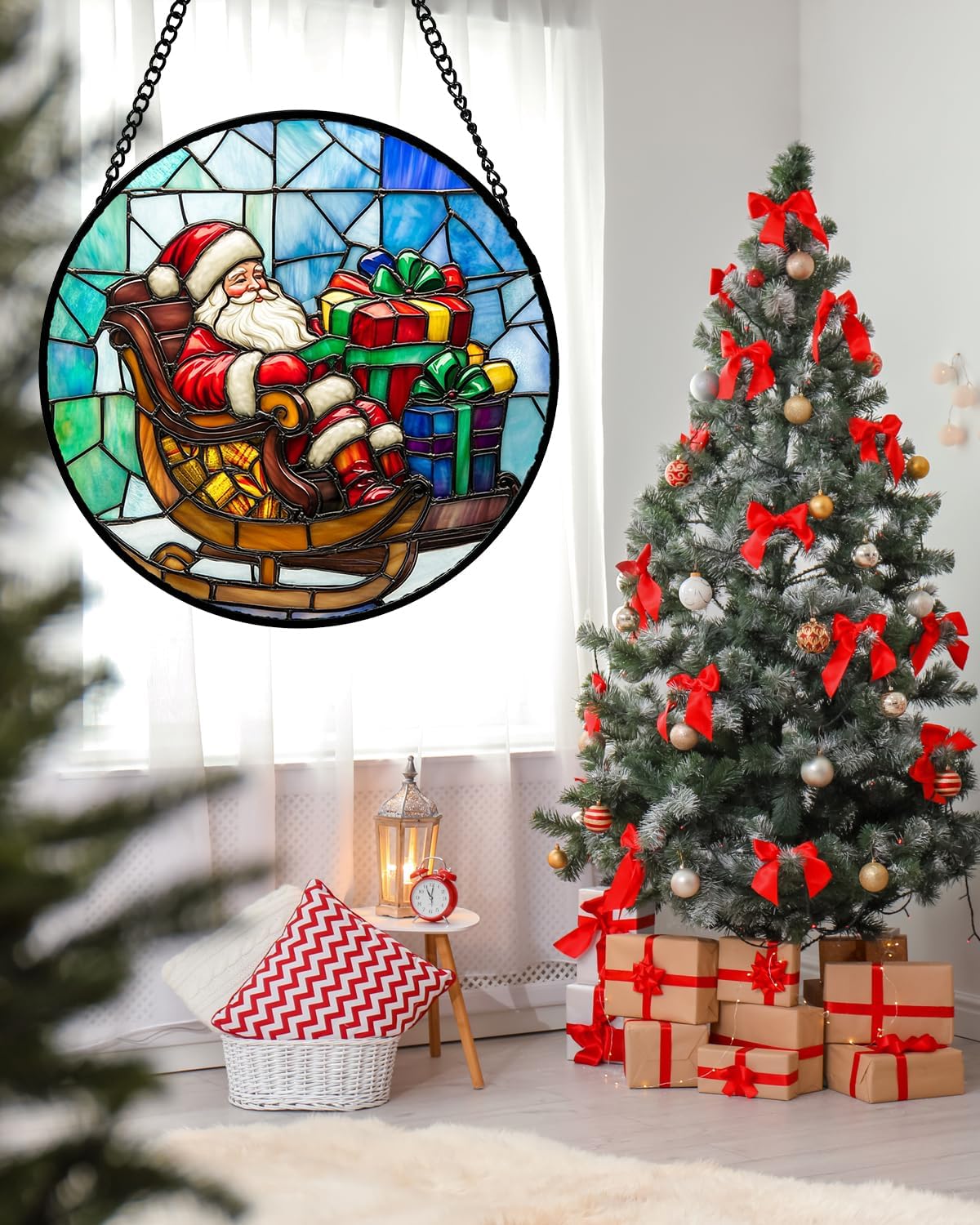 Stained Glass Window Hanging - Santa Claus Gift BoxSuncatcher for Doors Home Christmas Decoration Winter Sun Catcher Thanksgiving New Year Birthday Gift for Women Men Mom Nana 15 in