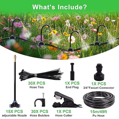 Drip Irrigation Kit, Flexible 360°Adjustable Watering System with Nozzle Control, Misting Hose for Garden, Greenhouse, Lawn, Yard & Potted Plants (49 Feets)