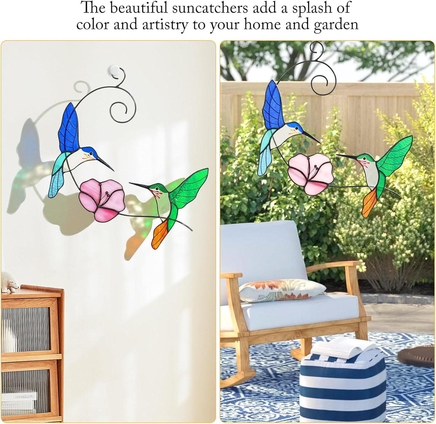 Hummingbird Stained Glass Window Hanging, Handmade Humming Bird with Flower Suncatcher, Sun Catcher Indoor Decor, Home Window Art, Decoration, Gift for Women Mom Bird Lover, 10"(W)X8"(H), Hanger Given