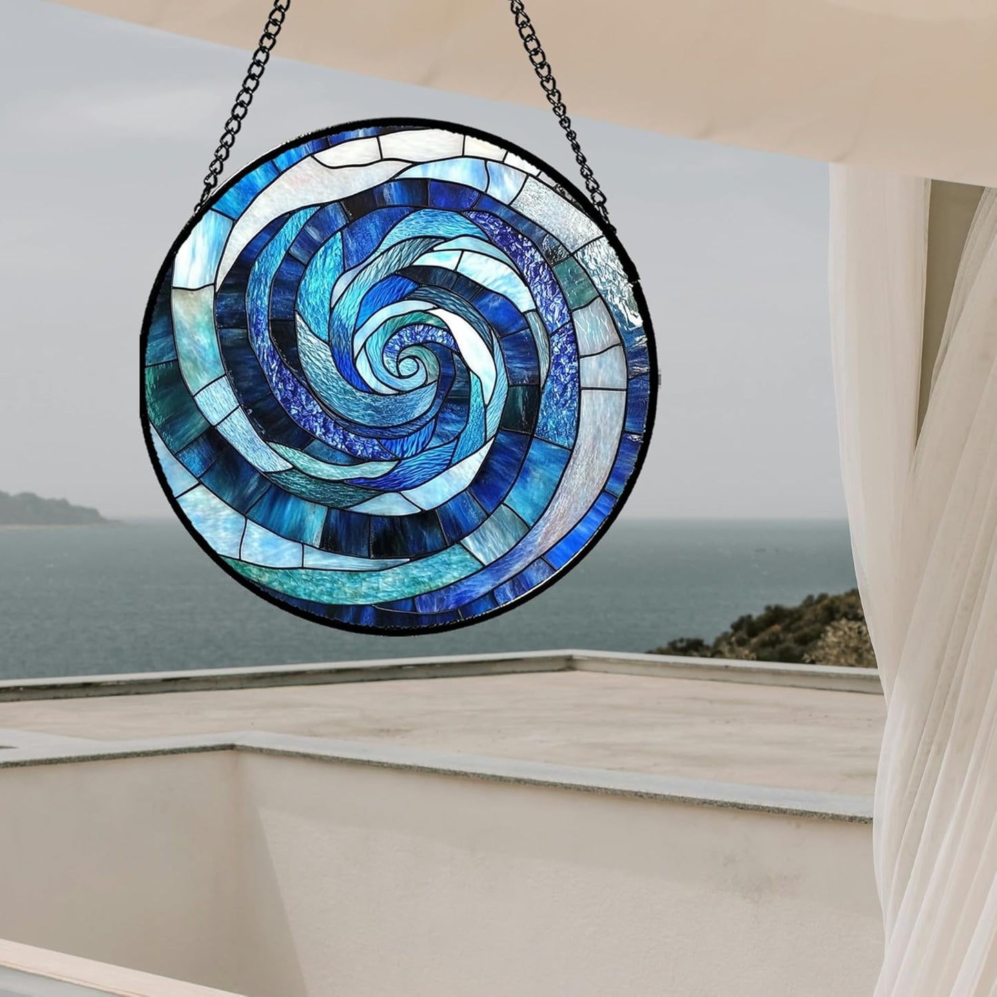 Stained Glass Window Hanging - Blue Abstract Swirl Suncatcher for Doors Garden Patio Unique Sun Catchers Decor Christmas Mother's Day Birthday Gifts for Women Men Mom Nana Friend 7.8 in