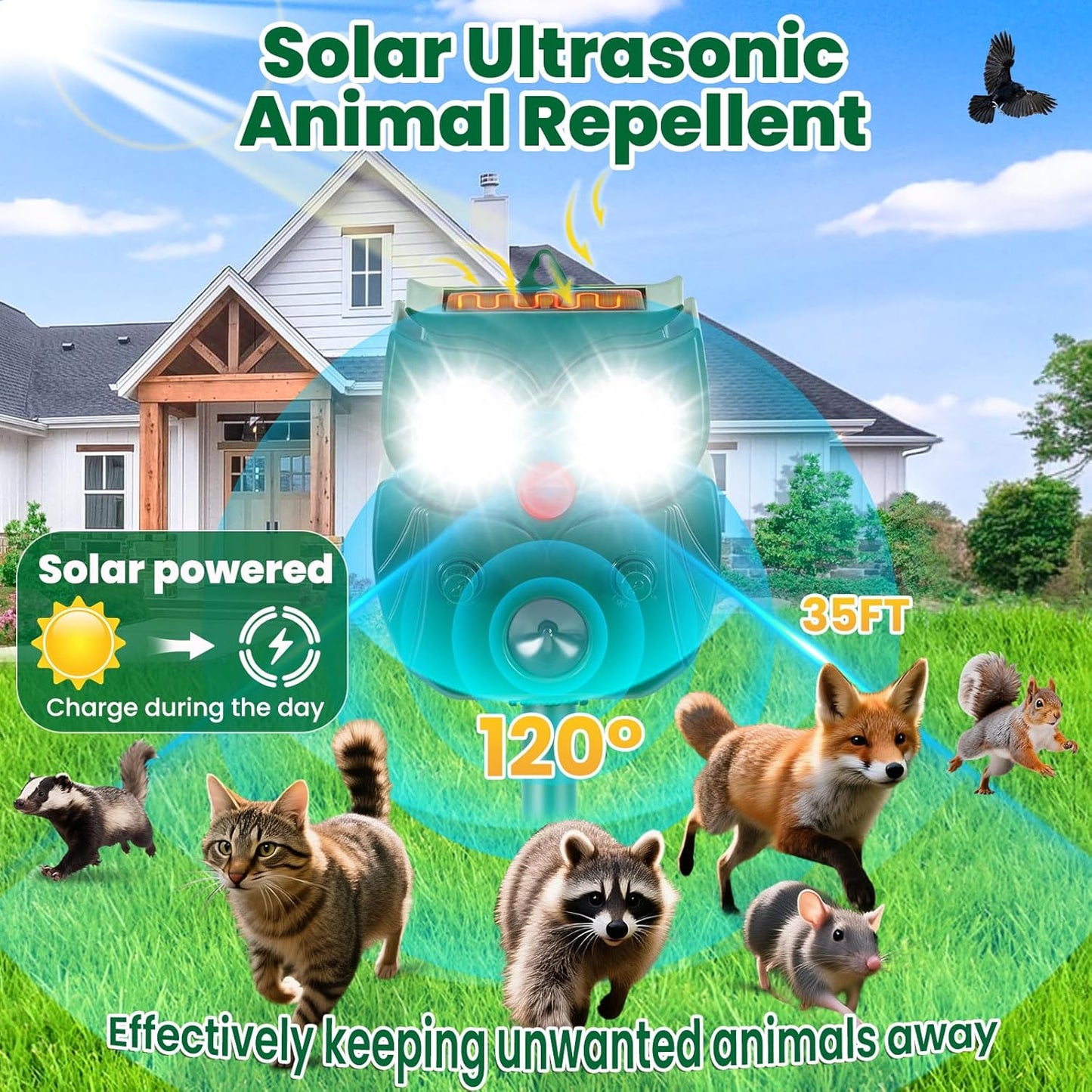 Solar Ultrasonic Animal Repellent Outdoor, 4Pack Waterproof Deer Repellent Devices with RIP Motion Sensor, Cat Repellent with LED Flashing Lights, Raccoons, Skunks, Rabbits Deer Deterrent Outdoor