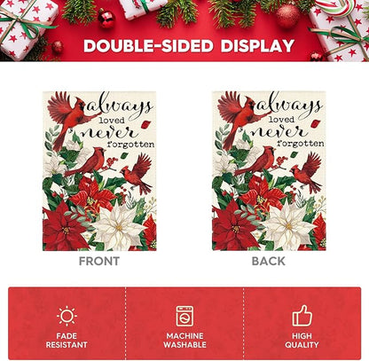 AVOIN colorlife Always Loved Never Forgotten Memorial Garden Flag 12x18 Inch Double Sided Outside, Cardinal Christmas Poinsettia Yard Outdoor Decorative Flag