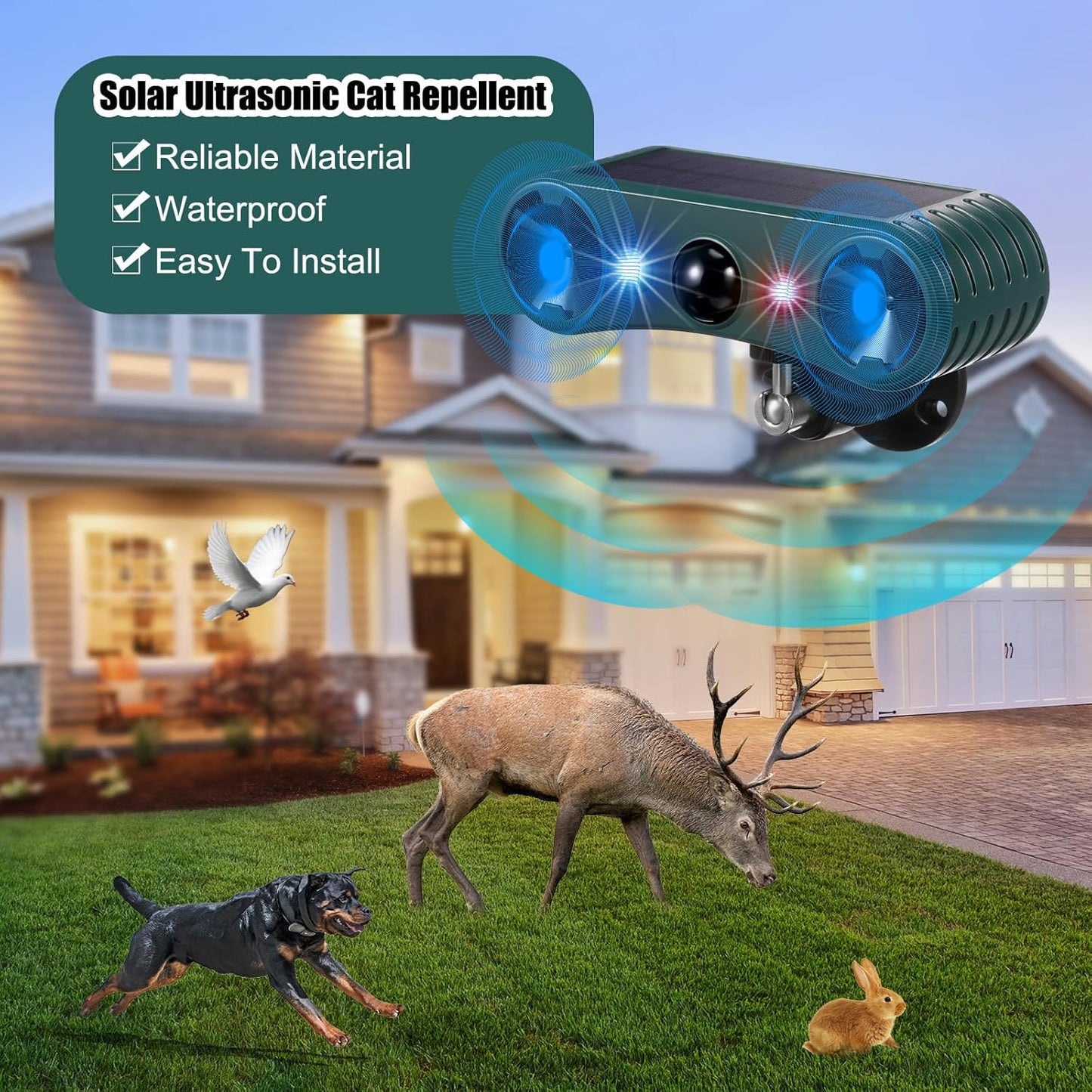 Qualirey 2 Pack Solar Ultrasonic Animal Repellent Outdoor Waterproof Nocturnal Animal Deterrent with Adjustable Motion Sensor Alarm Flashing Light Repel Raccoon Cat Dog Fox Deer for Yard Garden Lawn