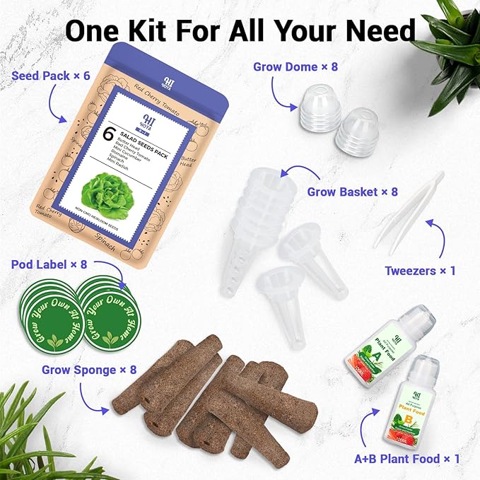 Salad Seed Pods, Grow Anything Kit for All Hydroponics Growing Systems, 8 Pods with 600+ Seeds of Red Cherry Tomato, Butter Head, Romaine, Spinach, Mini Cucumber and Radish