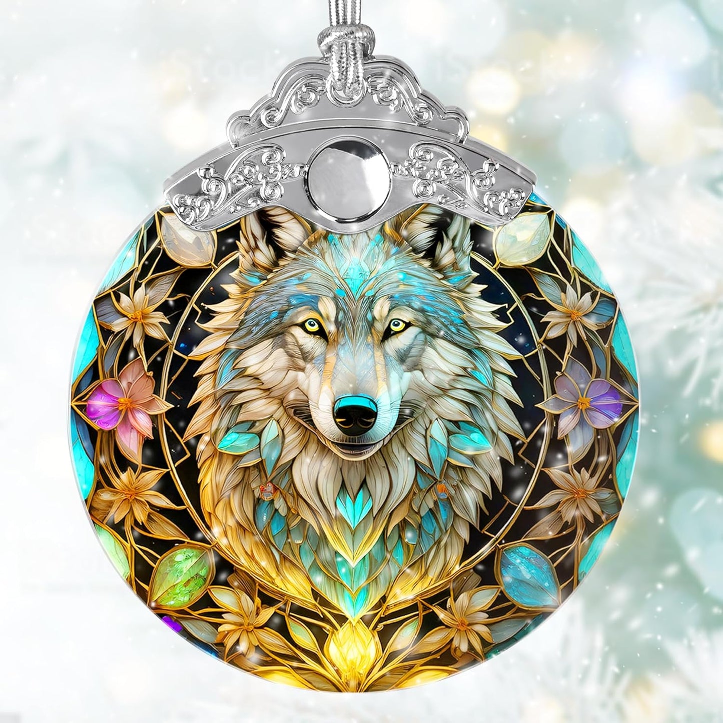 Stained Glass Suncatcher Hanging Ornament, Wolf Decor for Home, Christmas Ornament