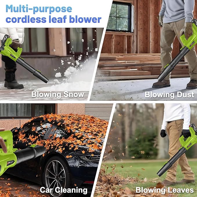 Leaf Blower Cordless with 2 x 4.0 Ah Battery and Charger, 160MPH/580CFM High Power Lightweight Handheld Electric Leaf Blowers with 2 Extended Tubes for Lawn, Yard, Leaves, Dust, Snow Care (Green)