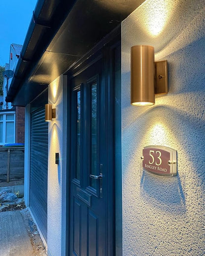 Up and Down Lights Outdoor, Modern Gold LED Outdoor Wall Lights Fixture in 2 Lights, 7 inch Cylinder Exterior Light Fixture Wall Mount for Porch Patio Garage House Entryway