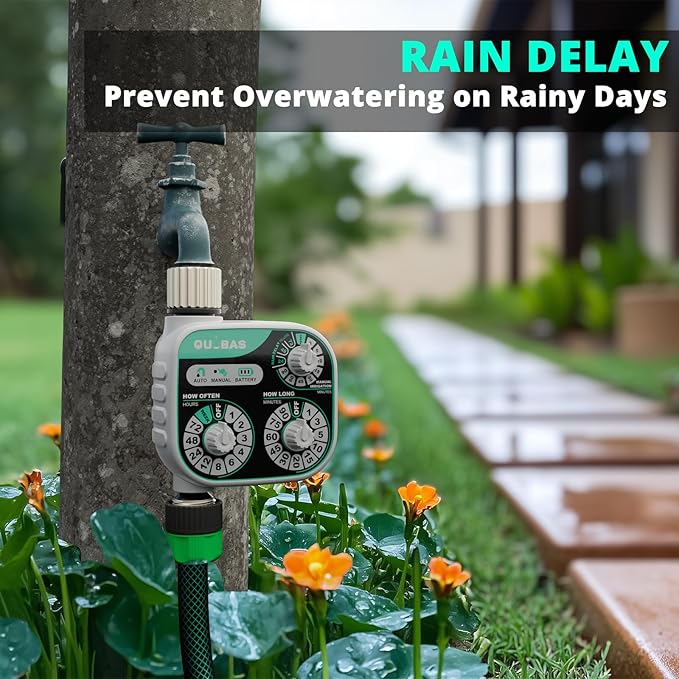QUOBAS 3-Dial Analog Water Timer, Mechnical Control Automatic Sprinkler Timer with Manual and Rain Delay, for Garden Hose Watering, Drip Irrigation