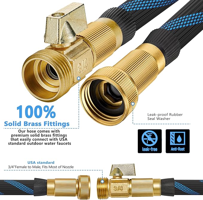 200 ft Garden Hose-No Kink,Heavy Duty,Lightweigh Flexible,Leakproof Water Hose with Sprayer Nozzle-3/4" Solid Brass Connectors-Rubber Car Hoses